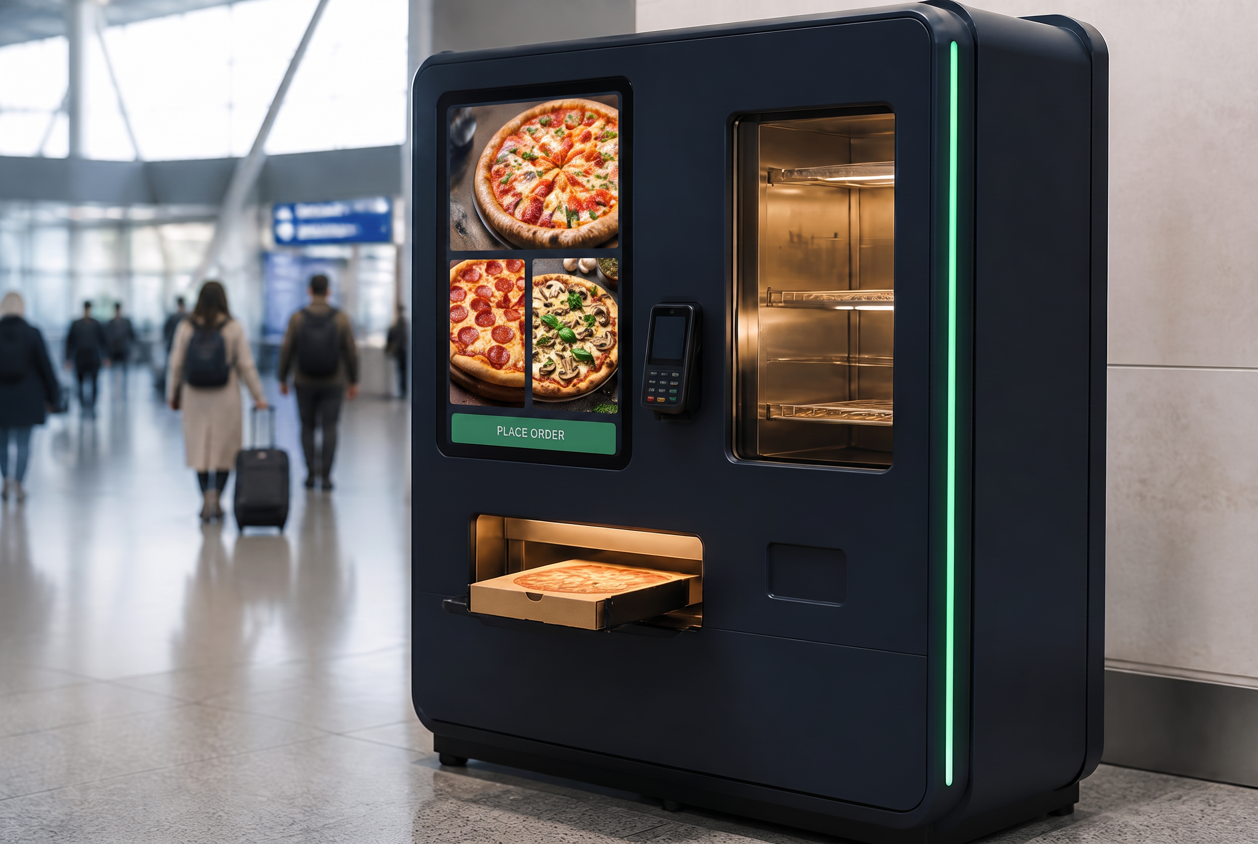 Concept visualization of a Let's Go Kosher smart food kiosk with a touchscreen ordering display, contactless payment reader, heated oven bay and a hot pizza emerging from the dispense window in an airport terminal