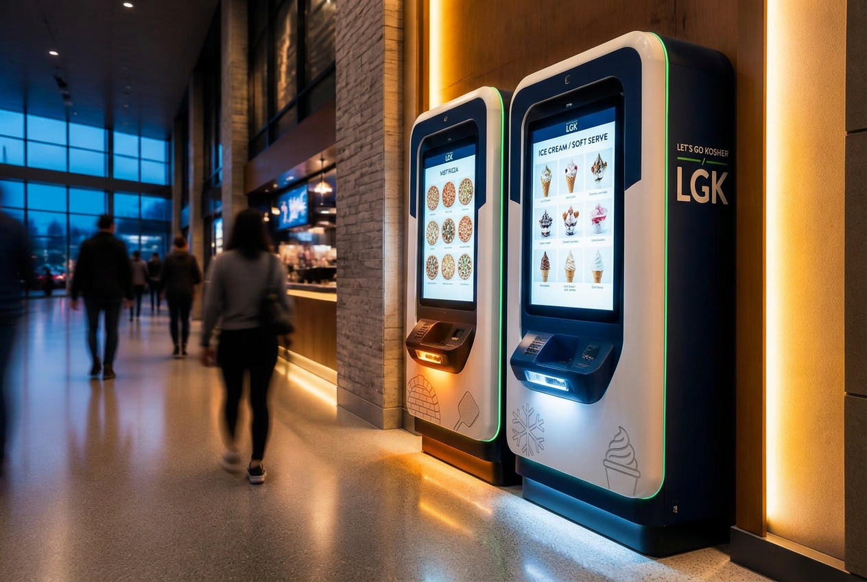 Concept visualization of two Let's Go Kosher smart kiosks in a modern travel plaza corridor — left kiosk for hot pizza, right kiosk for ice cream and soft serve