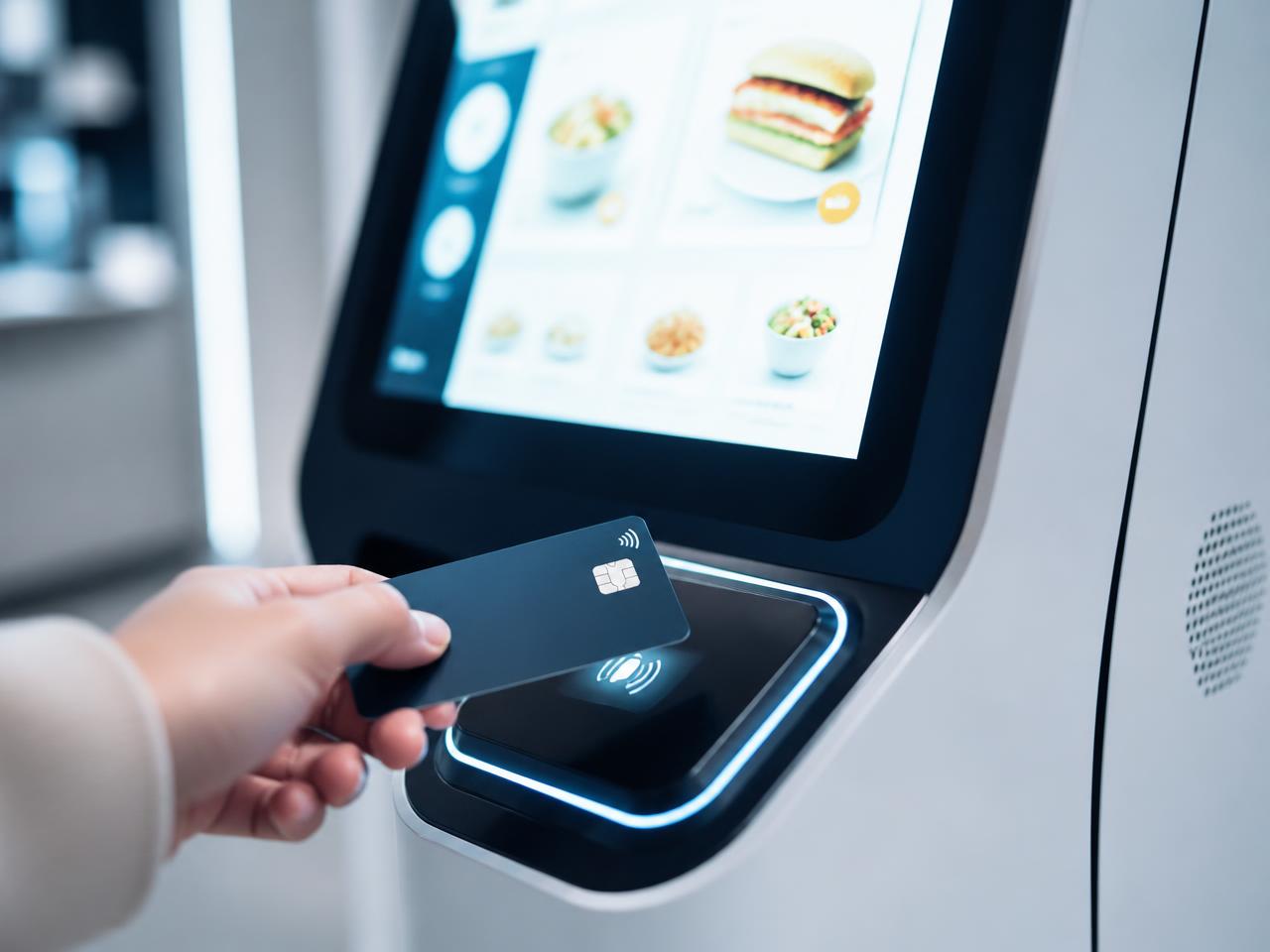 Concept image of a traveler tapping a contactless card on a modern food kiosk